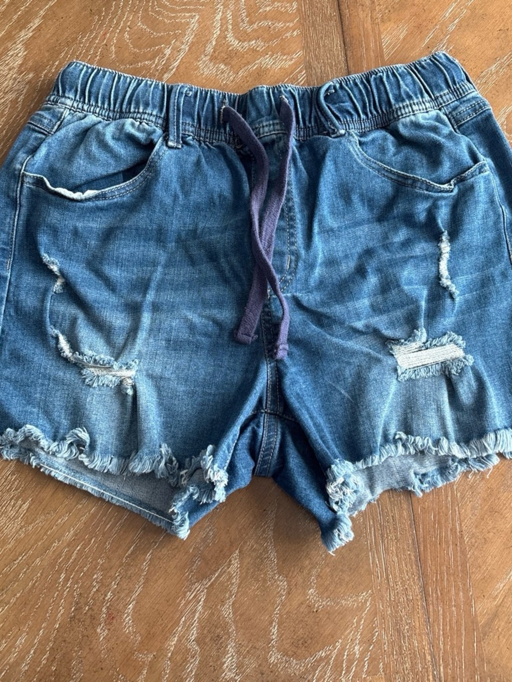 Black Label Blue Distressed Denim Drawstring Shorts